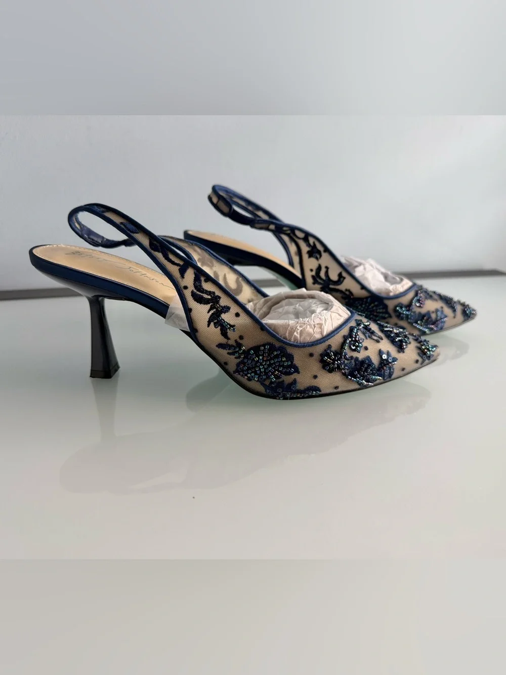 Betsey Johnson Women's Navy Nikki Embroidered Slingback Evening Pumps Size 10